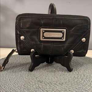 b. makowsky Black Croc-Embossed Leather Wristlet